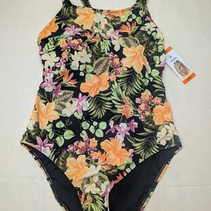Hurley Orange and Green One Piece Swimsuit Scoop Neck Full Coverage
